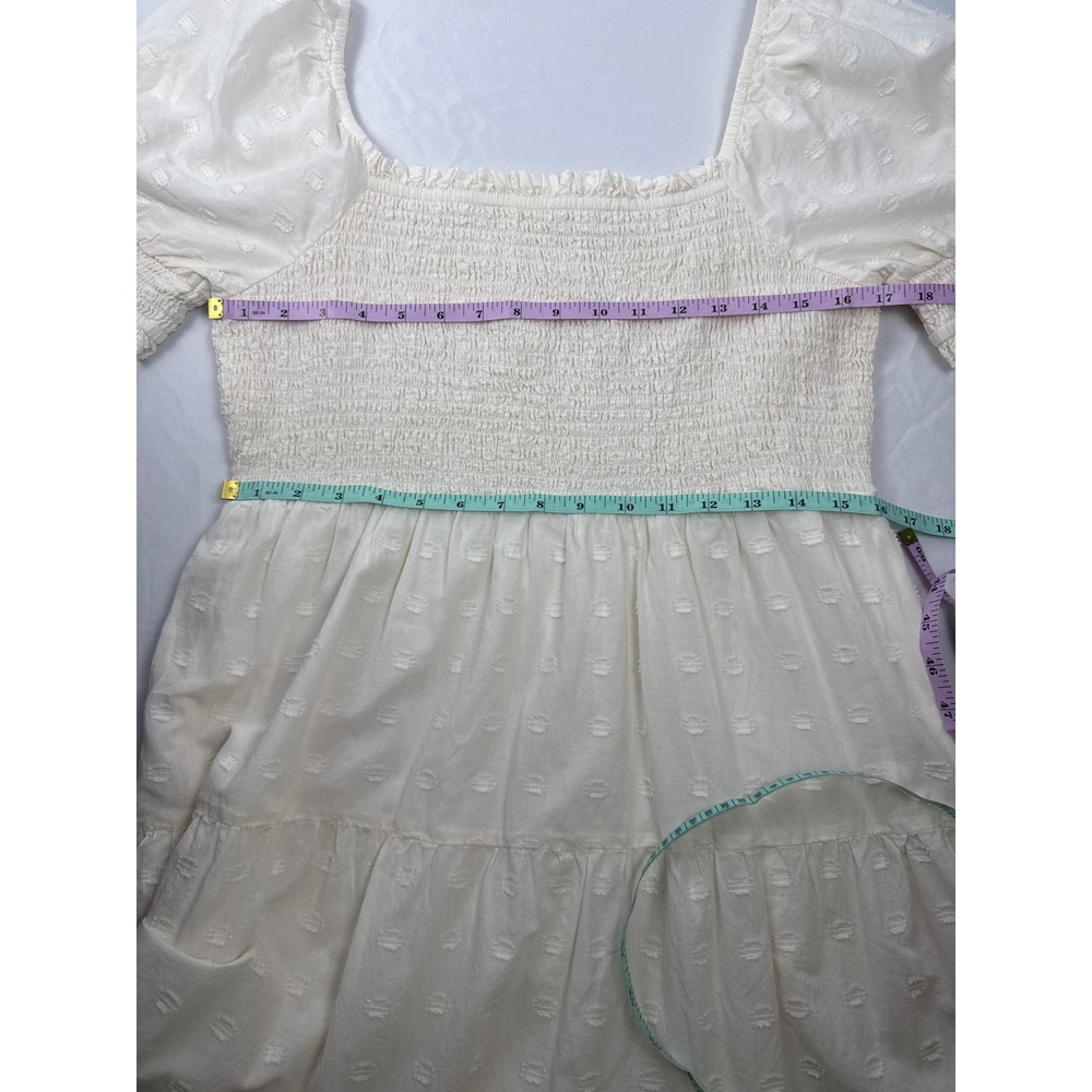 American Eagle Size L Ivory Smocked Eyelet Mini Dress Cottagecore Puff Sleeve - Picture 6 of 10